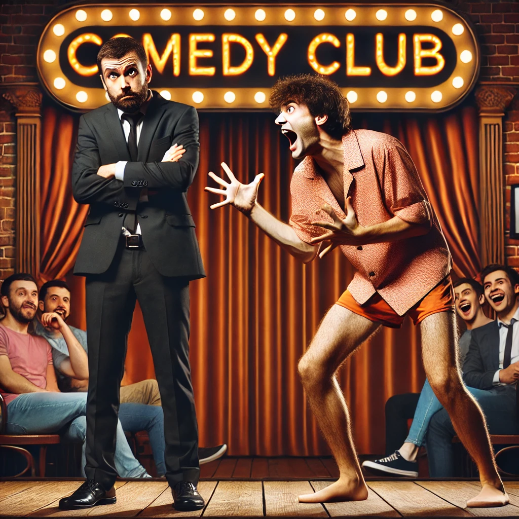 コメディデュオがステージで漫才を披露。ツッコミ役が怒った表情でボケ役の奇妙な行動に対応している。観客は大爆笑している。