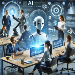 AIを活用して業務効率化を進めるオフィスの風景。従業員がAIアシスタントと連携し、タスク管理、データ分析、スケジュール管理を行いながら、生産性を向上させる様子を描いたイラスト。