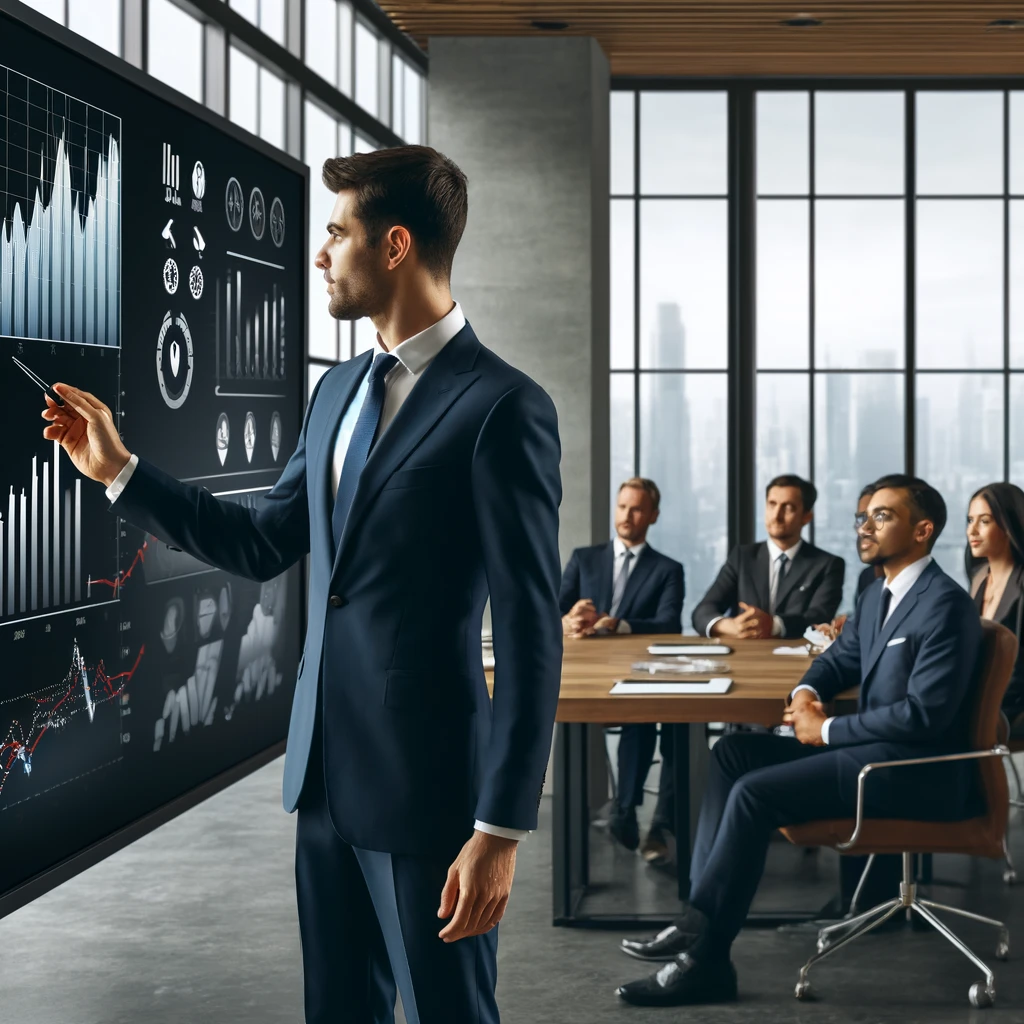 M&Aアドバイザーがモダンなオフィスで戦略的ビジネスプランをプレゼンし、経営陣が真剣に聞いている様子。大画面には財務チャートが表示され、重要な意思決定の場面を描写