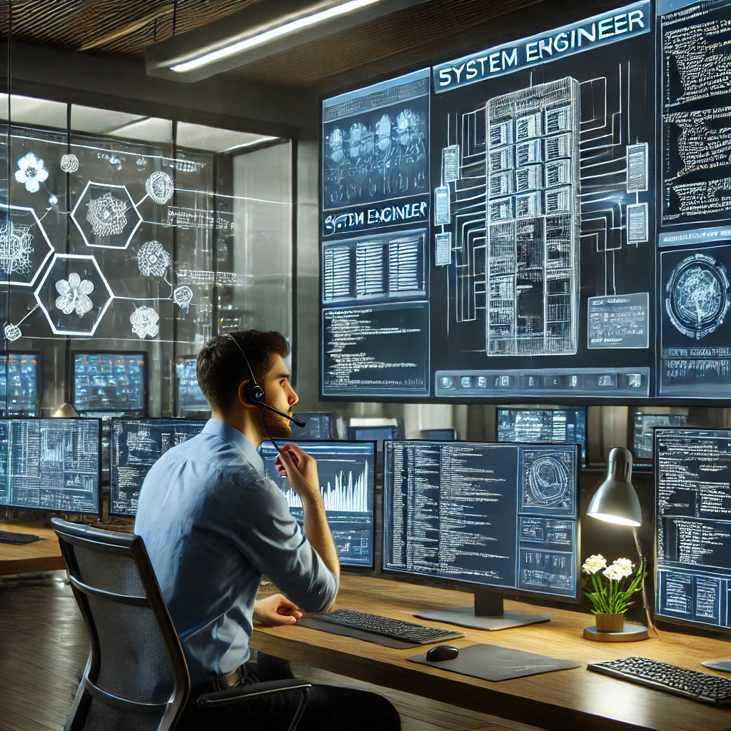 システムエンジニアがハイテクオフィスで作業している様子。複数のモニターにコード、システムアーキテクチャ図、サイバーセキュリティアラートが表示されており、ヘッドセットを装着して同僚と議論している。背景には複雑なネットワークインフラの設計が映し出された大画面があり、近未来的なオフィス環境を演出している。