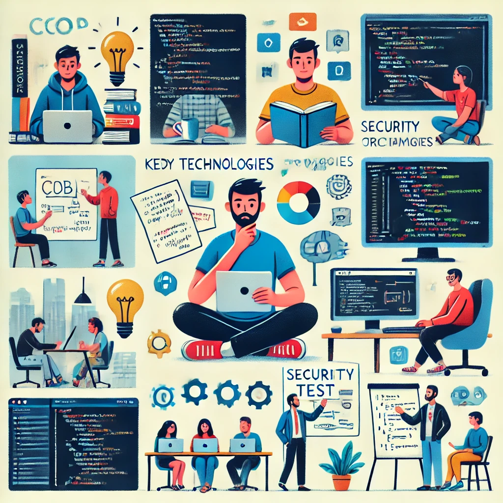 プログラマーの心得を解説するイラスト。プログラミングを学ぶ開発者、バグ修正に取り組むプログラマー、チームでコーディングするエンジニア、セキュリティチェックを行う技術者など、プログラマーとして重要なスキルや姿勢を視覚的に表現した画像。