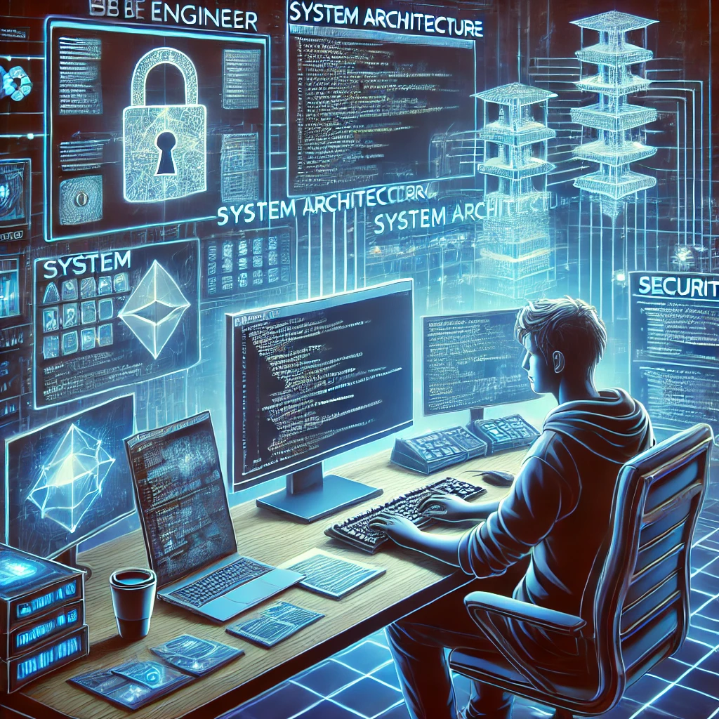 未来的なデスクで作業するWebエンジニアのイラスト。複数のモニターにはコード、システムアーキテクチャ図、セキュリティアラートが表示されており、サイバーパンク風のネオンライトやホログラムが輝くデジタル都市の背景が広がっている。エンジニアは集中してキーボードを打ち、デスクにはコーヒーカップが置かれている。