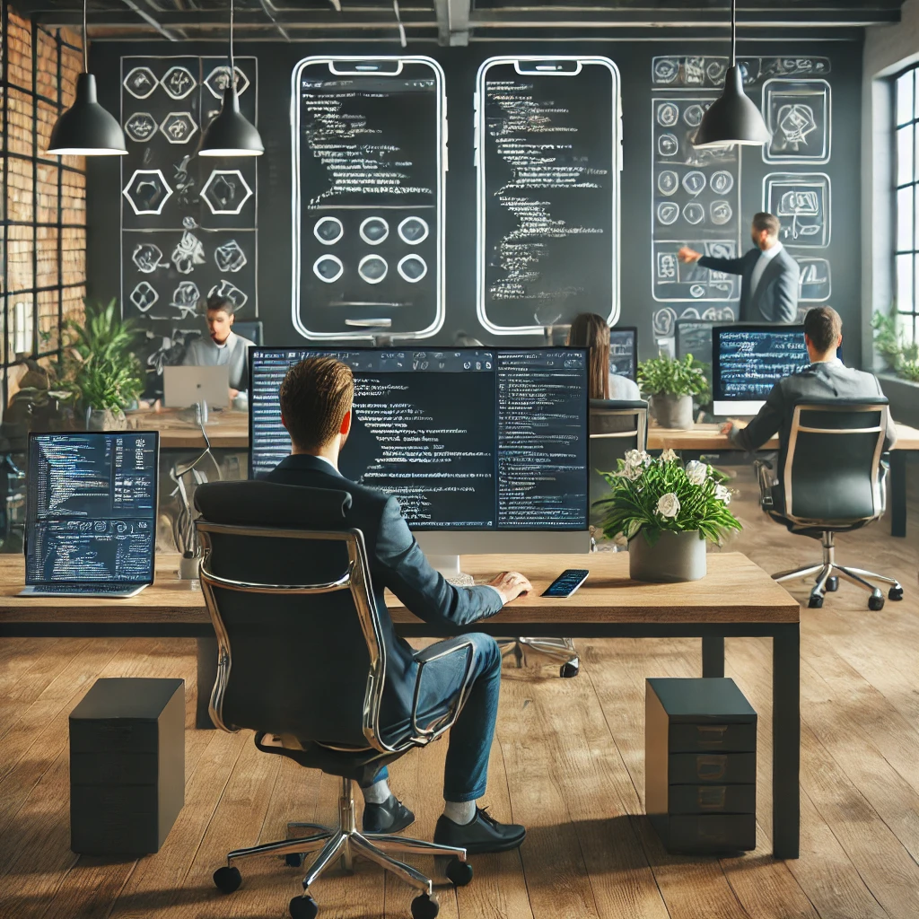 「モバイルアプリ開発者の作業風景」
高機能なオフィスでモバイルアプリ開発者が作業する様子。デスクには複数のモニターが並び、アプリのワイヤーフレームやコード、ユーザーフィードバックが表示されている。スマートフォンやタブレットにはプロトタイプのアプリが映り、背景ではチームがUI/UXデザインについて議論している。モダンで洗練されたワークスペースが特徴。