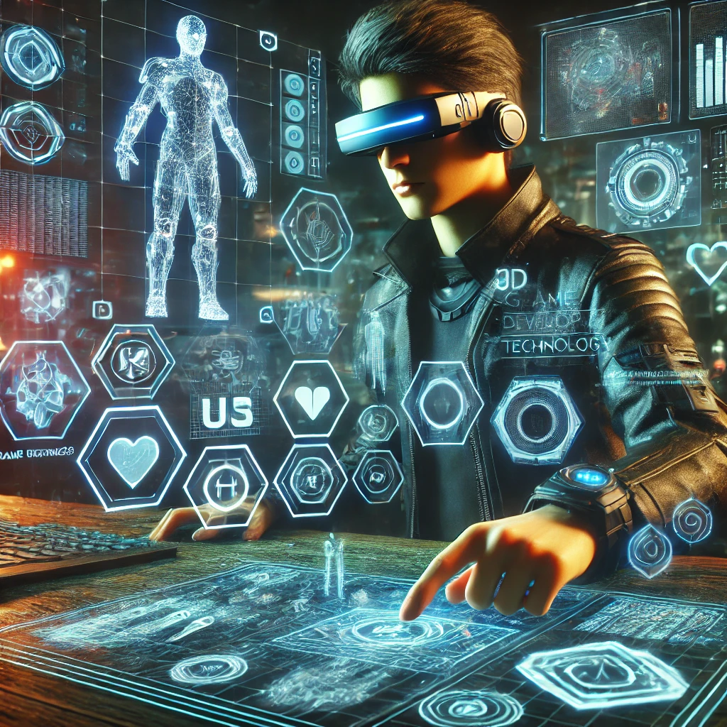 未来的なゲームエンジニアが、ホログラフィックインターフェースを操作しながらゲーム開発を行う様子。周囲には3DキャラクターモデルやUI要素、ゲームメカニクスの図が浮かび、ネオンライトが輝くサイバーパンク風の高技術な作業空間が広がっている。エンジニアは拡張現実グラスとハイテクスーツを装着し、最新技術を駆使してゲームを開発している。