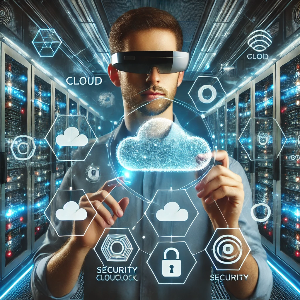 代替テキスト:
未来的なクラウドエンジニアが、高度なホログラフィックインターフェースを操作している様子。エンジニアはARグラスを装着し、透明なタッチスクリーンに触れながら、浮遊するクラウドアイコン、セキュリティロック、データストリームを管理している。背景には、ネオンが輝くサイバーパンク風のデータセンターが広がり、デジタルネットワークの回路が光っている。