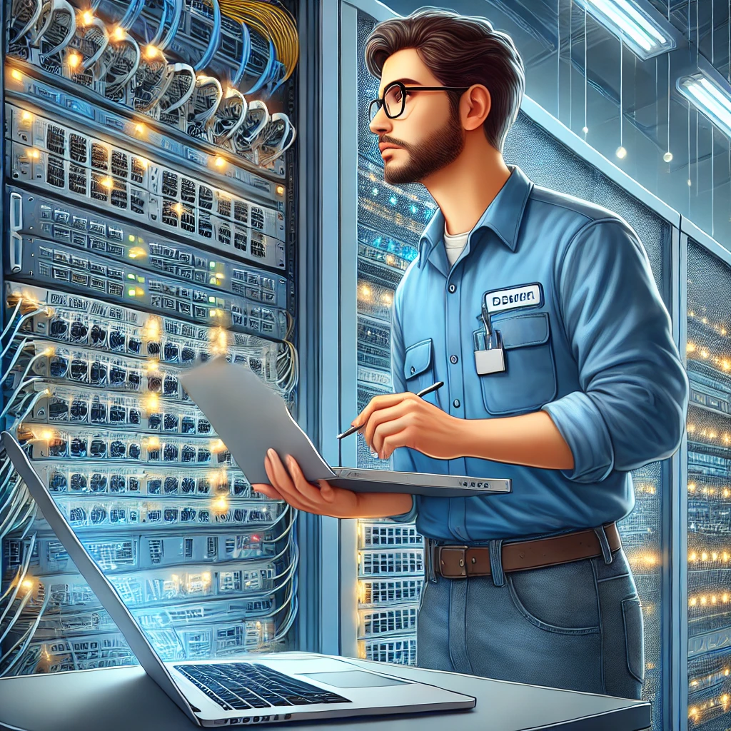 「データセンターで作業するネットワークエンジニアのイラスト。エンジニアは青い制服と眼鏡を着用し、サーバーラックとネットワークスイッチを点検しながら、ノートパソコンでネットワーク診断を確認している。背景には整理されたケーブルとネットワークトポロジーが表示されたモニターがあり、ハイテクな雰囲気が漂う。」