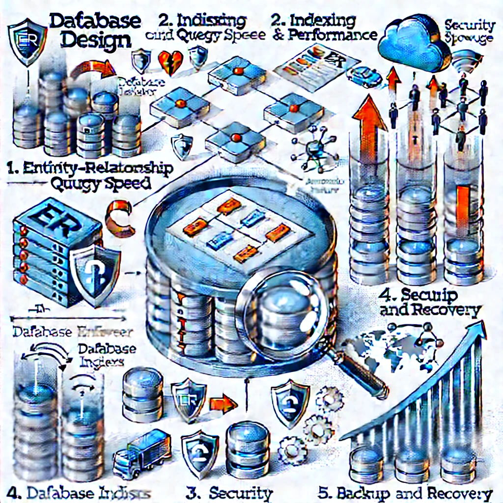 「データベースエンジニアのための視覚ガイド」— ER図によるデータベース設計、インデックスの最適化、セキュリティ対策、バックアップとリカバリ、スケーラビリティの概念をわかりやすく図解したイラスト。データベース運用のベストプラクティスを視覚的に学べる内容です。