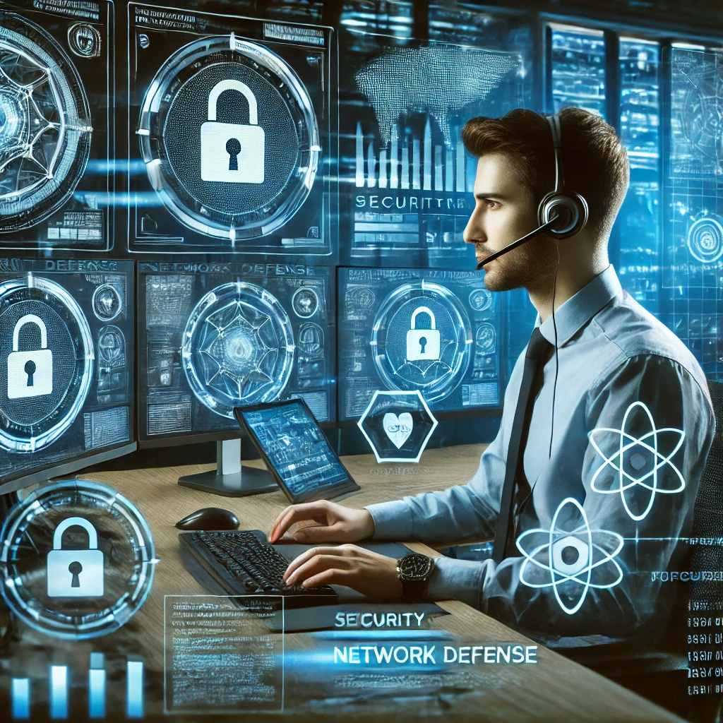 サイバーセキュリティエンジニアが高技術なオフィスで複数のモニターを使い、セキュリティコードやネットワーク防御の分析を行っている様子。背景にはホログラフィックのセキュリティシールドや暗号化を象徴するデジタルロックが映し出され、未来的な雰囲気が広がっている。