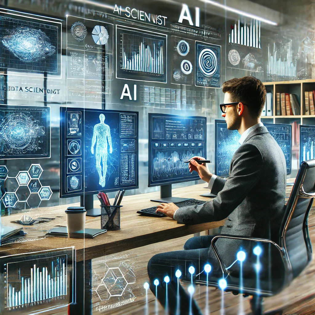 データサイエンティストが最新のオフィス環境でデータを分析する様子。複数のモニターにグラフやAI関連のデータが表示され、未来的な雰囲気の中で業務を進めている。