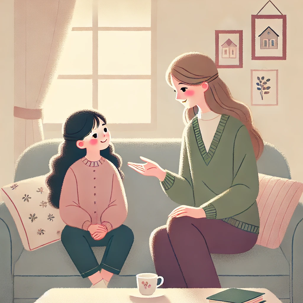 ソファに座る二人の姉妹。姉がアドバイスをしながら、妹が微笑みながら聞いている。部屋は温かみのある雰囲気で、本や紅茶、家族写真が飾られた家庭的な空間。