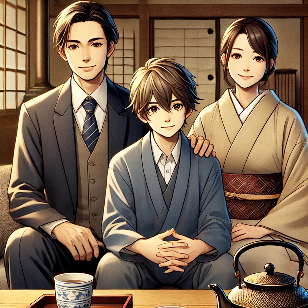 伝統的な日本の家族の風景。スーツ姿の長男とカジュアルな次男が、両親とともにこたつのあるリビングで温かく過ごしている様子。