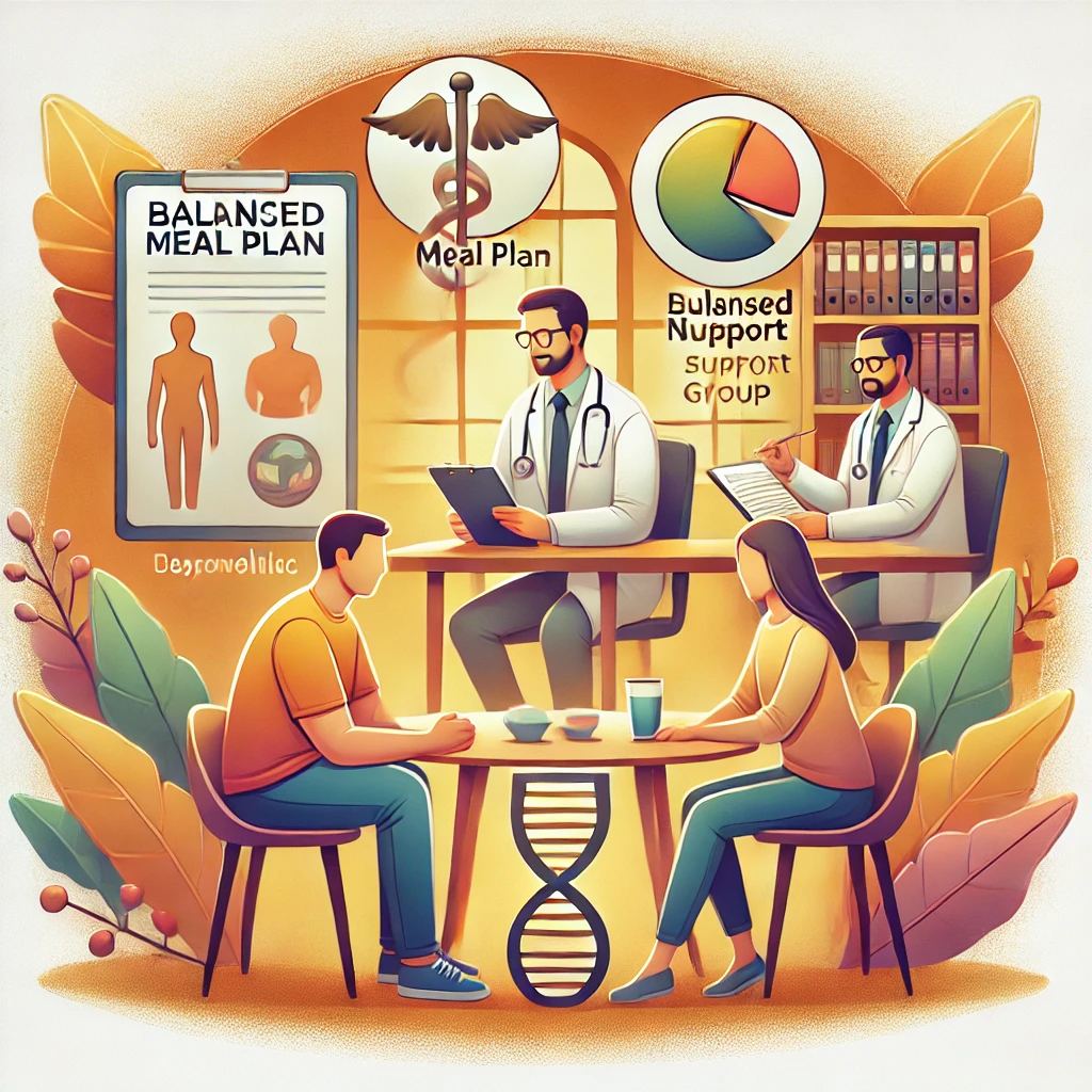 拒食症の治療プロセスを説明するイラスト。医師、心理療法士、栄養士、患者が連携しながら治療を進める様子。健康的な食事、カウンセリング、サポートグループのイメージも描かれている。