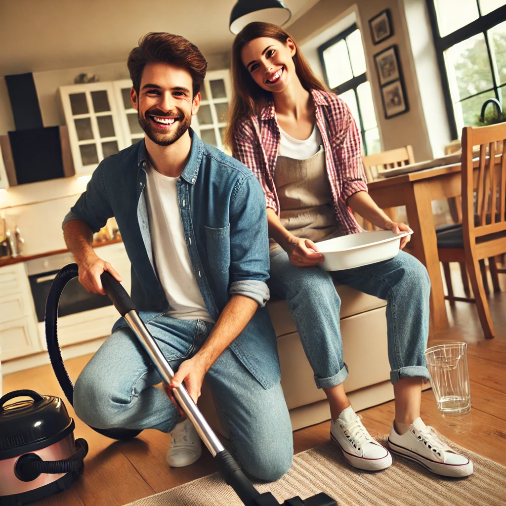 家事を分担するカップルが楽しそうに掃除をする様子。二人で協力しながら家を整えているイラスト。