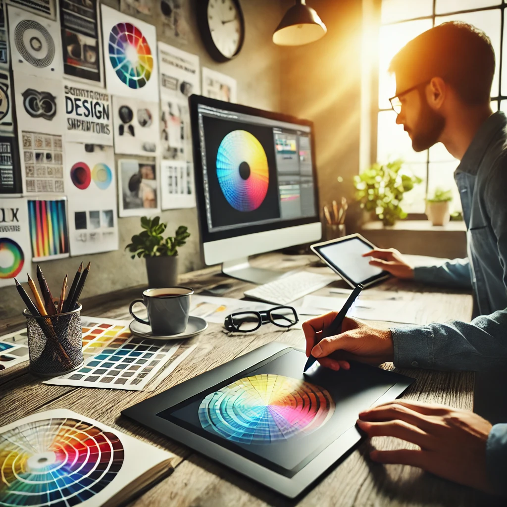 デジタルタブレットでスケッチをしながら、カラーホイールやタイポグラフィサンプルを参考にするグラフィックデザイナーの作業風景