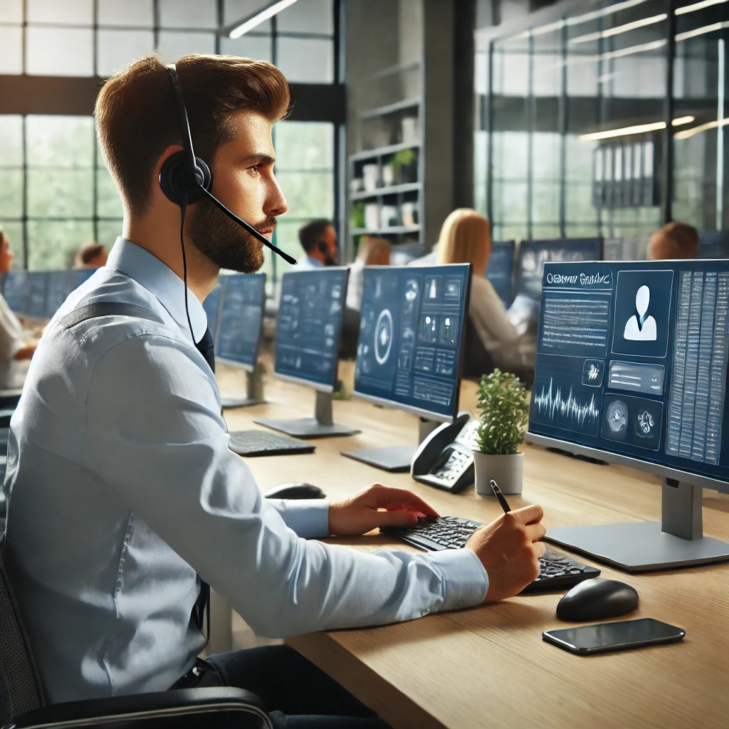 デスクでヘッドセットをつけ、PC画面を見ながらユーザーの問い合わせに対応するテクニカルサポートの担当者。傾聴の姿勢でメモを取り、問題解決に向けたアドバイスを行う様子。