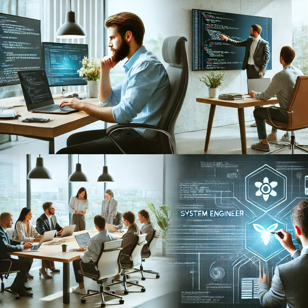 システムエンジニアがノートパソコンでプログラミングをしている様子。モダンなオフィス環境で集中してコードを書いているエンジニア。