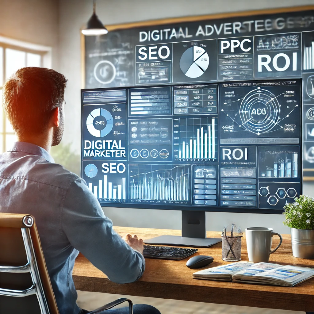 広告運用スペシャリストがデジタルマーケティングキャンペーンを分析するシーン。パソコン画面には広告パフォーマンスのグラフやデータが表示され、オフィスのホワイトボードには「SEO」「PPC」「ROI」などのマーケティングキーワードが書かれている。