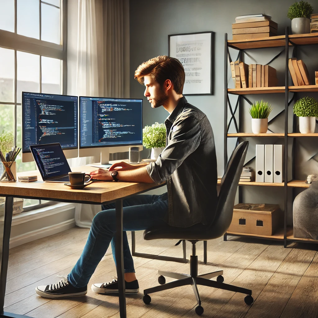 スタイリッシュなホームオフィスで働くフリーランスエンジニア。デスクにはノートパソコンとデュアルモニターが設置され、コードが表示されている。カジュアルながらもプロフェッショナルな雰囲気のエンジニアが仕事に集中している。背景にはプログラミング書籍が並ぶ本棚と観葉植物があり、大きな窓から自然光が差し込む快適な空間。