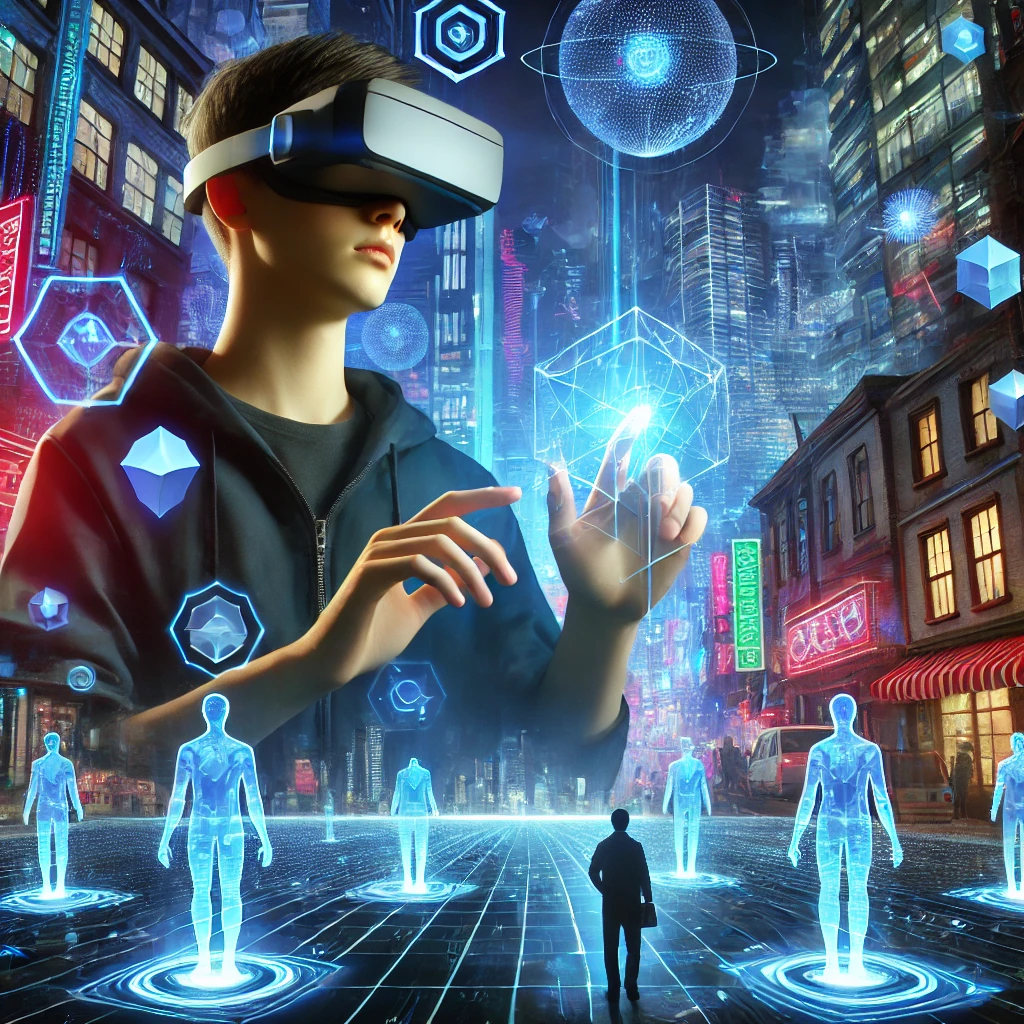 未来都市のメタバース内でVR開発者がホログラフィックインターフェースを操作している様子。ネオンが輝くサイバーシティの背景には、デジタルアバターや浮遊するビル群、ホログラム広告が広がり、没入感のある未来的な雰囲気を演出している。