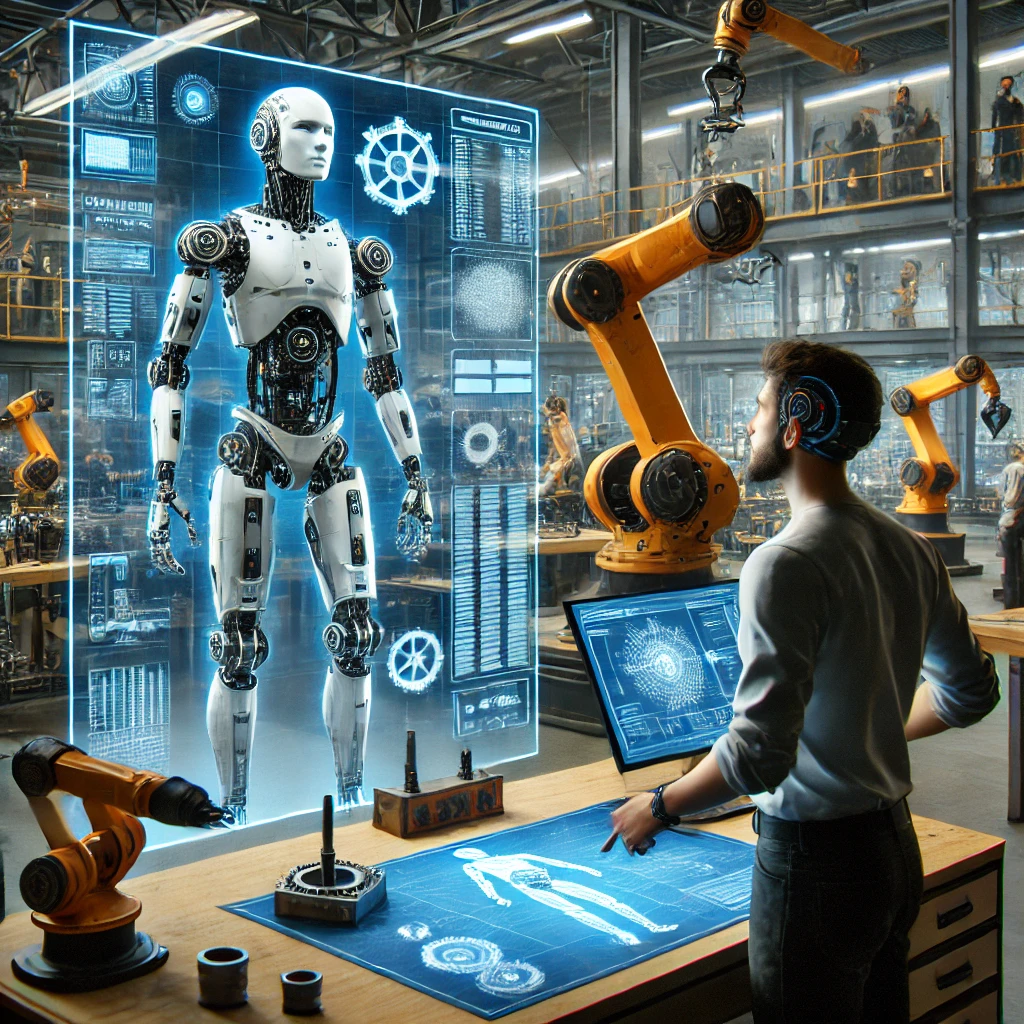 ロボットエンジニアが設計したロボットの3Dモデルと設計図を見ながら作業している様子。未来的なラボで、エンジニアがデータ解析を行いながら開発を進めている。