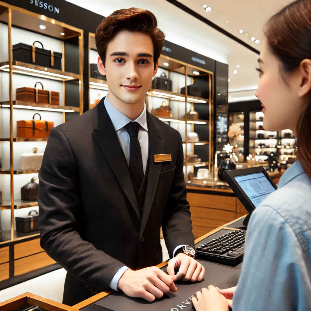 百貨店のスタッフが笑顔でお客様を迎える様子。明るい店内と高級感のあるディスプレイが広がる。