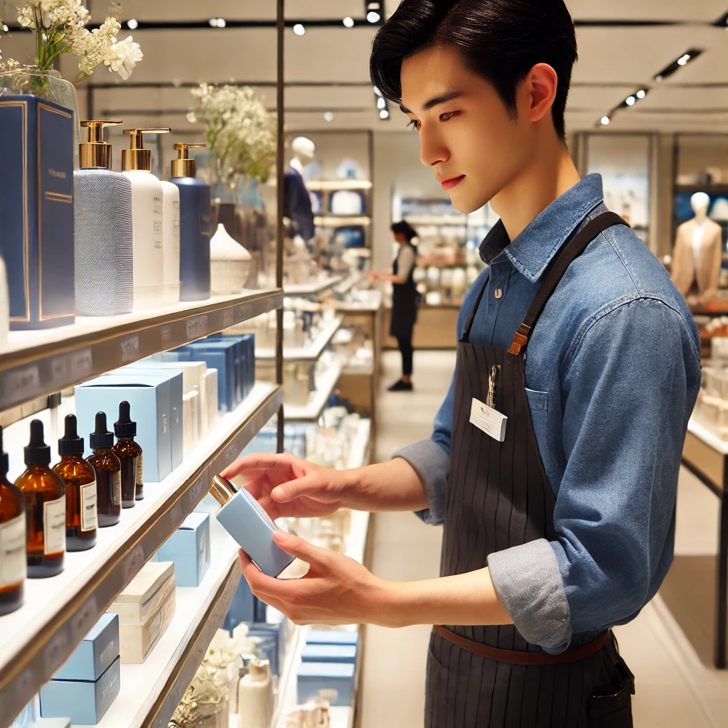 百貨店のスタッフが笑顔でお客様を迎える様子。明るい店内と高級感のあるディスプレイが広がる。