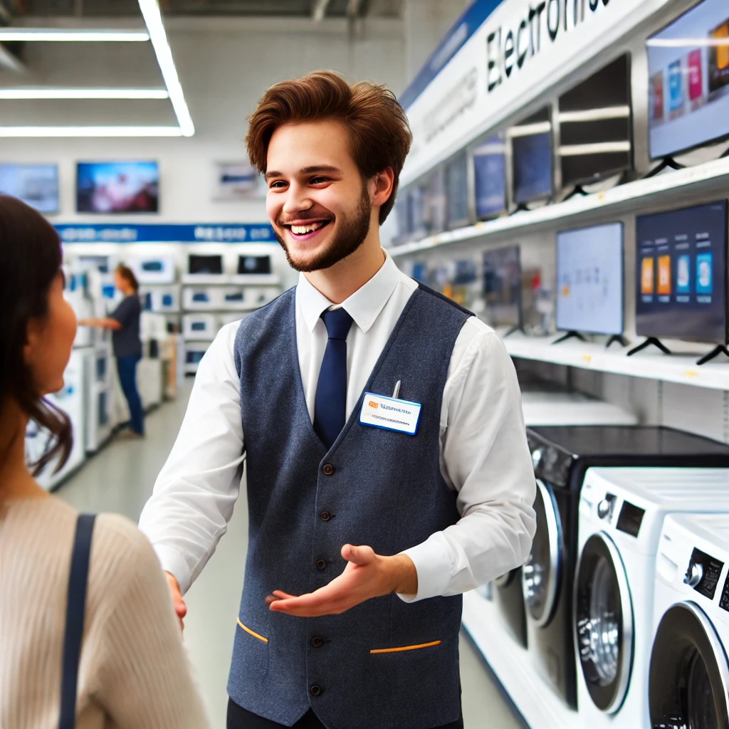 家電量販店のスタッフが笑顔でお客様に対応する様子
