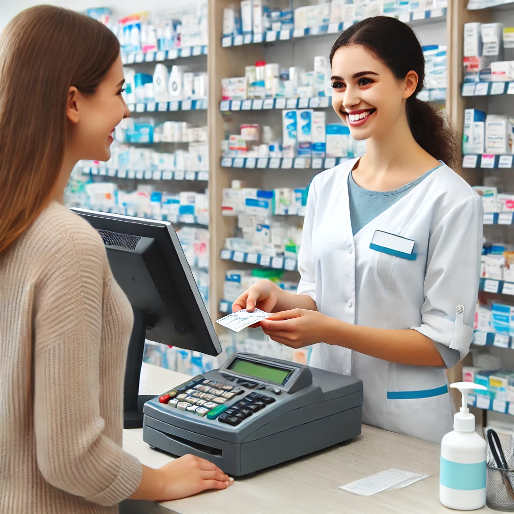 ドラッグストアの店員がお客様に商品を案内している様子。明るい店内で医薬品や化粧品の棚を指さしながら説明。