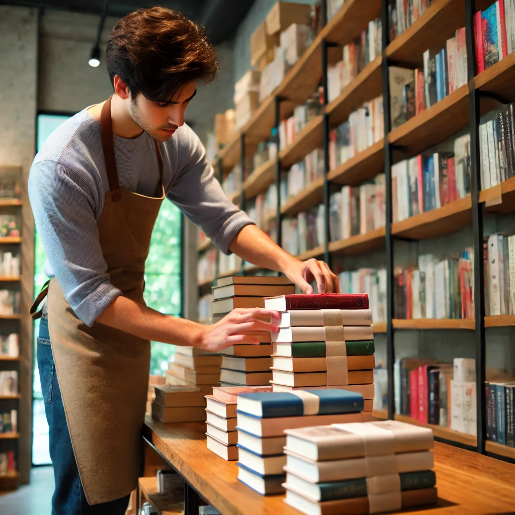 書店の温かい雰囲気の中で、本棚を整理する店員。お客様との会話を楽しみながら、本を紹介する姿が描かれたシーン。